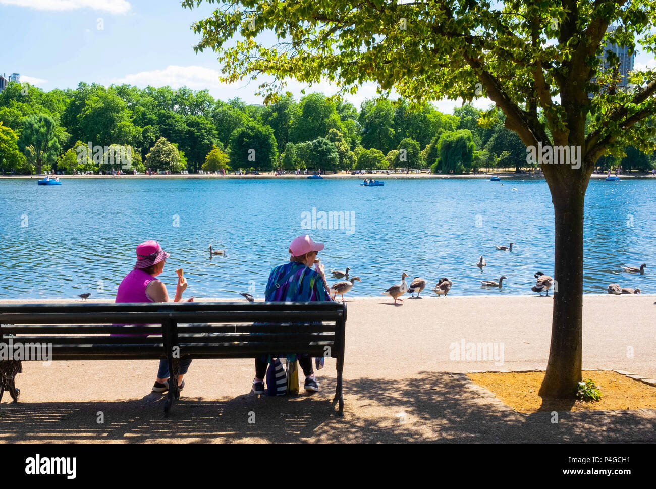 Londres, Angleterre. 22 juin 2018. Deux dames déguster une glace dans Hyde Park. Ce beau temps est dit de continuer pour les prochains jours. ©Tim Ring/Alamy Live News Banque D'Images