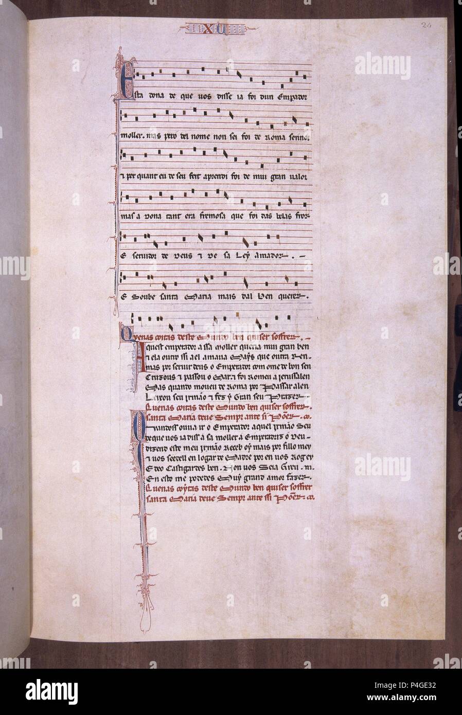MTI1 - CANTIGA DE SANTA MARIA Nº15 - F24R - TEXTO -ESTROFA EN VERSO GALAICO PORTUGUES - PENTAGRAMA MUSICAL - SIGLO XIII. Auteur : Alfonso X le Sage de Castille (1221-1284). Emplacement : MONASTERIO-BIBLIOTECA-COLECCION, San Lorenzo del Escorial, Madrid, Espagne. Banque D'Images