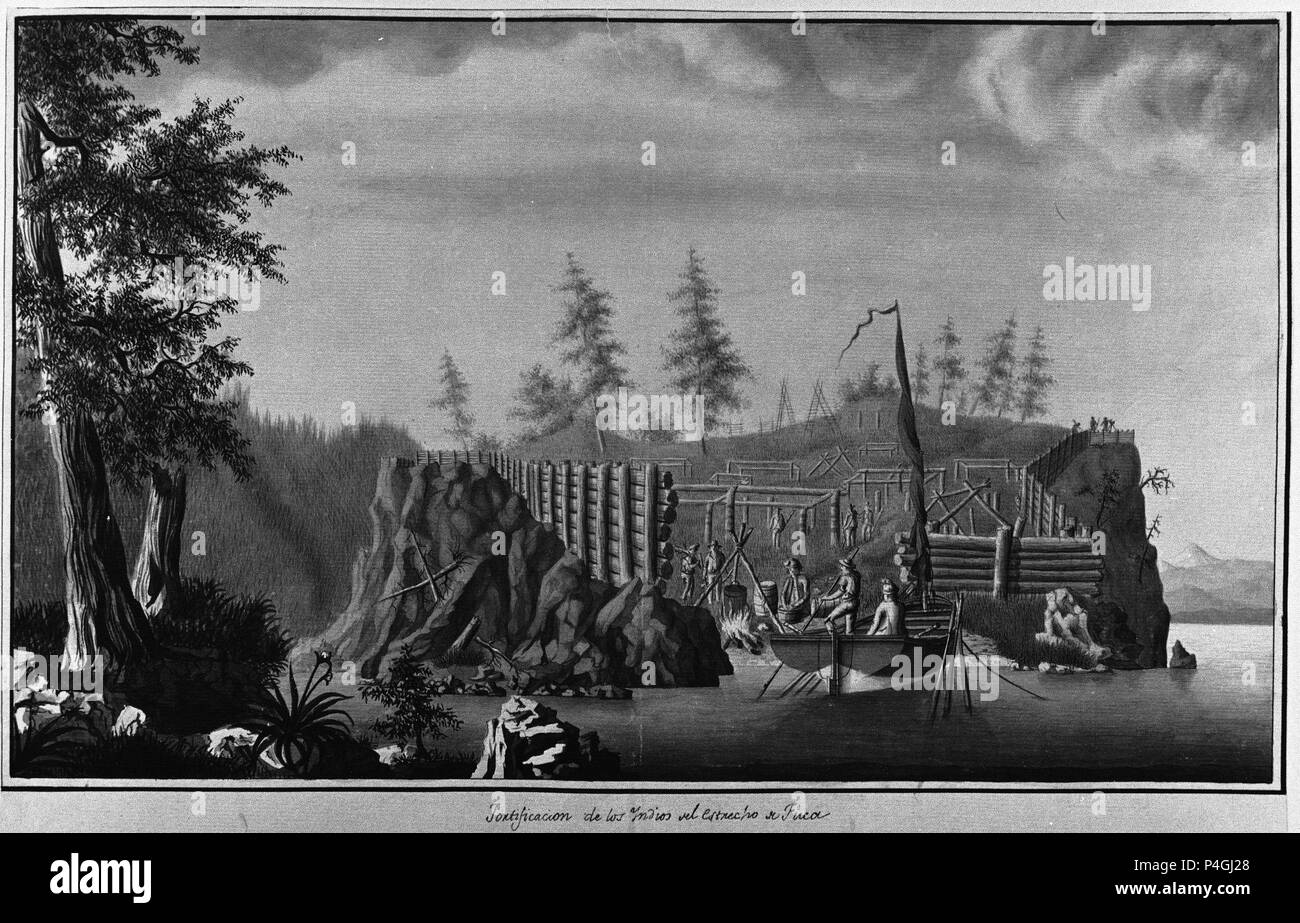FORTIFICACION DE LOS INDIOS DEL ESTRECHO DE FUCA - DIBUJO SIGLO XVIII - EXPEDICION MALASPINA - PAPEL VERJURADO - 260x420 mm. Auteur : José Cardero (1766-1811). Lieu : MUSÉE DE L'AMÉRIQUE - COLECCION, MADRID, ESPAGNE. Banque D'Images