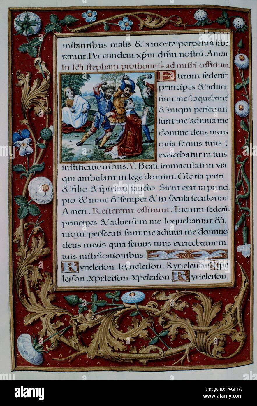 CODICE CARLOS V - MARTIRIO DE S ESTEBAN -FOL 72 C. Emplacement : MONASTERIO-BIBLIOTECA-COLECCION, San Lorenzo del Escorial, Madrid, Espagne. Banque D'Images