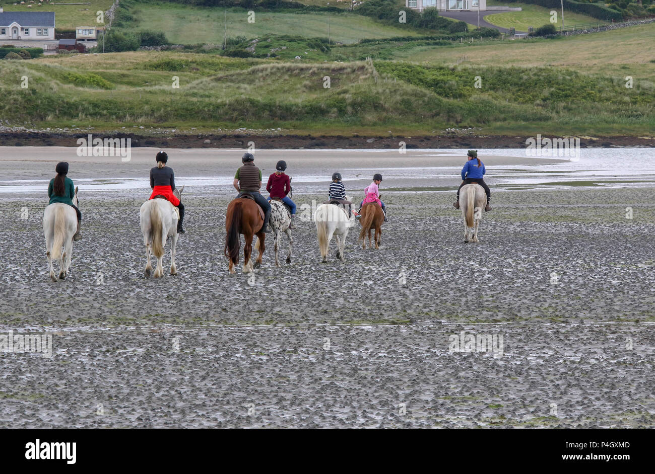 Une ligne de cavaliers et chevaux sur les sables à Sheephaven Bay à Dunfanaghy Comté de Donegal en Irlande. Banque D'Images