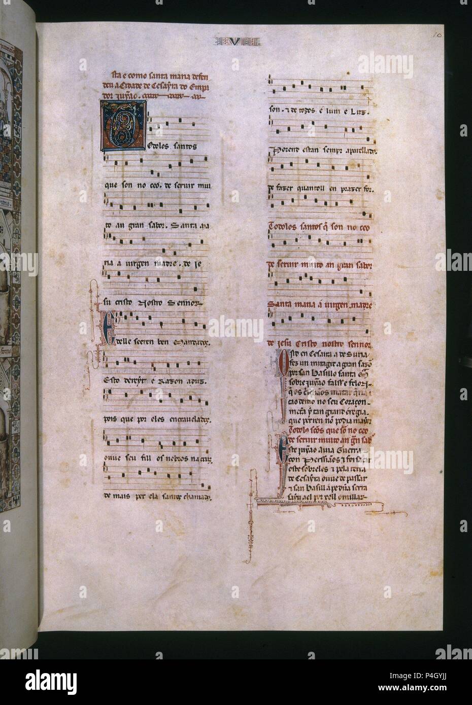 MTI1- CANTIGA DE SANTA MARIA Nº5 - F10R - TEXTO -ESTROFA EN VERSO GALAICO PORTUGUES - PENTAGRAMA MUSICAL. Auteur : Alfonso X le Sage de Castille (1221-1284). Emplacement : MONASTERIO-BIBLIOTECA-COLECCION, San Lorenzo del Escorial, Madrid, Espagne. Banque D'Images