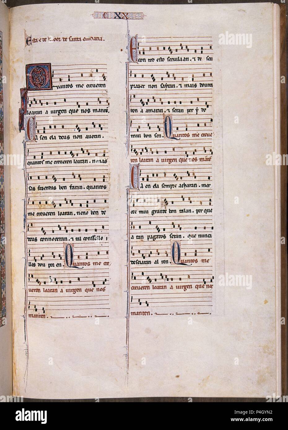 MTI1-CANTIGA STA MARIA Nº120-F170R-PENTAGRAMA ESTROFA-MUSICALE EN VERSO GALAICO PORTUGUES-S XIII. Auteur : Alfonso X le Sage de Castille (1221-1284). Emplacement : MONASTERIO-BIBLIOTECA-COLECCION, San Lorenzo del Escorial, Madrid, Espagne. Banque D'Images