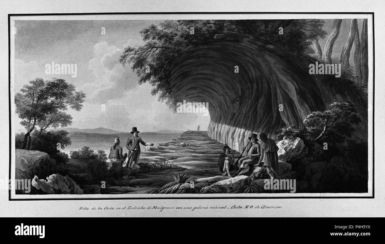 VISTA DE LA COSTA EN EL ESTRECHO DE MULGRAVE CON UNA GALERIA - NATUREL COSTA NORORESTE DE AMERICA - SIGLO XVIII - EXPEDICION MALASPINA - 255x500 mm. Auteur : Fernando Brambila (1763-1832). Lieu : MUSÉE DE L'AMÉRIQUE - COLECCION, MADRID, ESPAGNE. Banque D'Images
