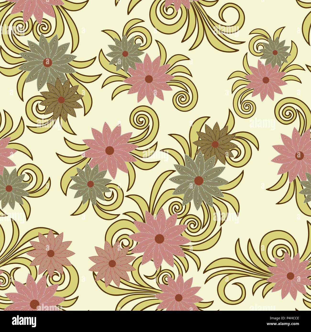 Motif de fleurs délicates en rose pastel et des tons verts sur fond jaune, le coupé comme un vecteur seamless texture tissu Illustration de Vecteur