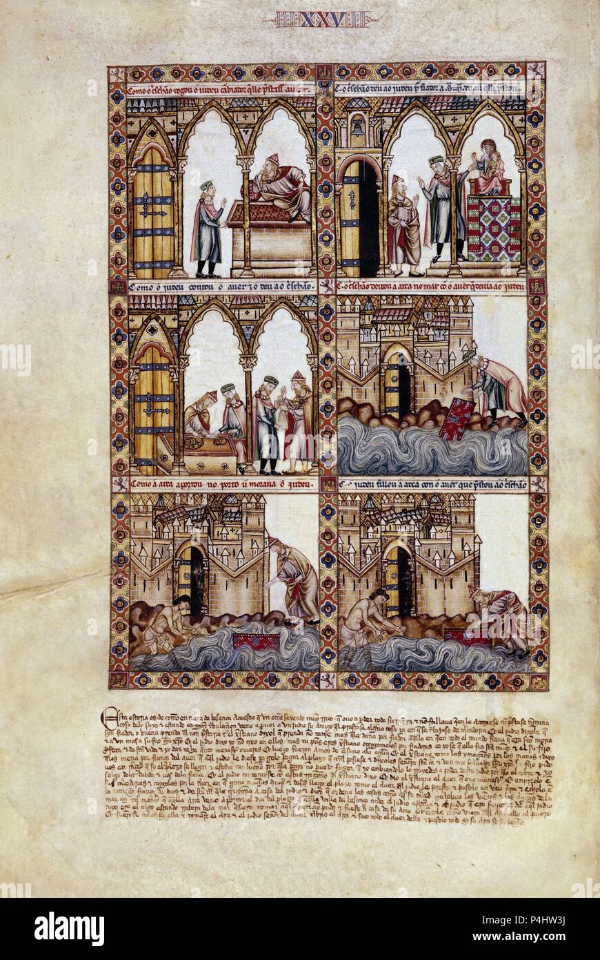 MTI1 - CANTIGA DE SANTA MARIA Nº 25 - F38V - LA VIRGEN HABLA EN TESTIMONIO ENTRE EL CRISTIANO Y JUDIO - SIGLO XIII. Auteur : Alfonso X le Sage de Castille (1221-1284). Emplacement : MONASTERIO-BIBLIOTECA-COLECCION, San Lorenzo del Escorial, Madrid, Espagne. Banque D'Images