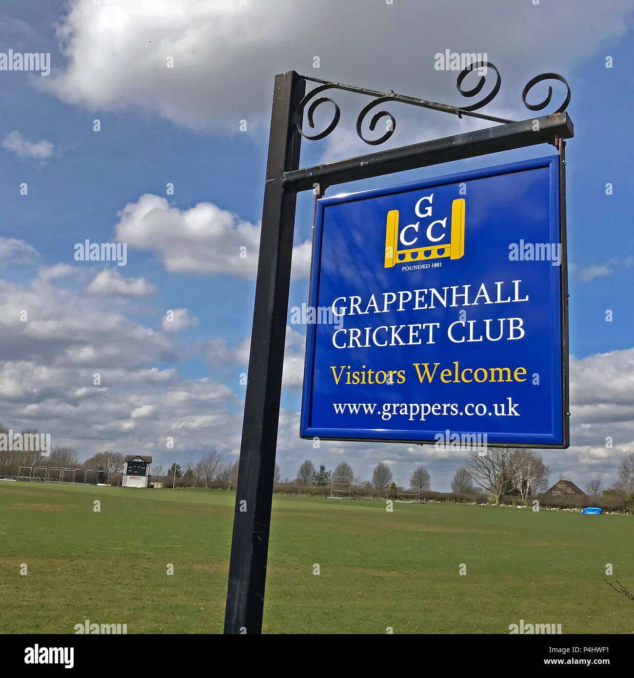 Grappenhall Cricket Club, signe, vaste Lane, Grappenhall, Warrington, Cheshire, England, UK , WA4 3ER Banque D'Images