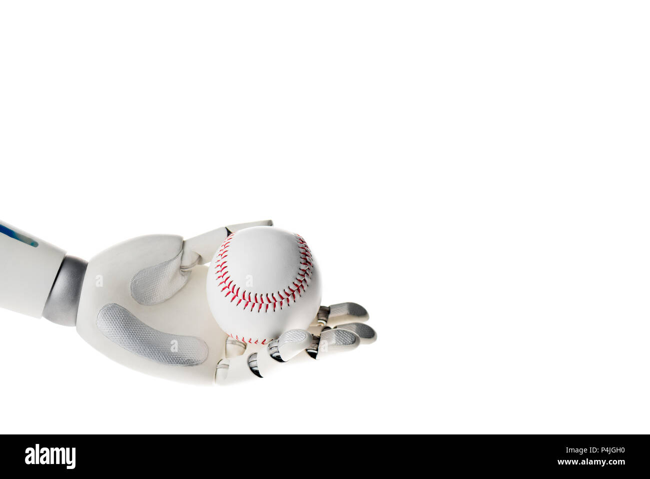 Robot hand holding baseball blanc ball isolated on white Banque D'Images