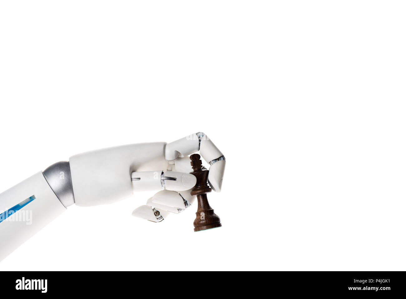 Robot hand holding chess king figure isolated on white Banque D'Images
