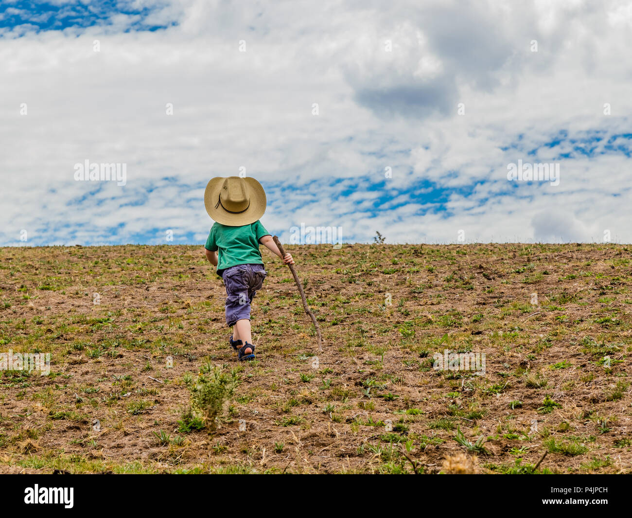 Petit garçon marcher seul dans la campagne, dans la haute vallée de l'Hunter, NSW, Australie. Banque D'Images