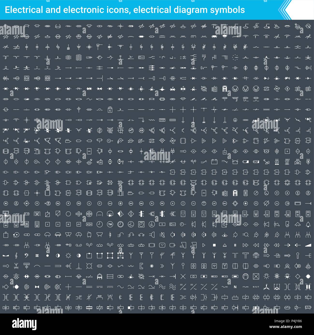 Icônes d'équipements électriques et électroniques, Schéma électrique des symboles. Le schéma de principe des éléments. Stoke vector icons isolé sur fond sombre. Illustration de Vecteur