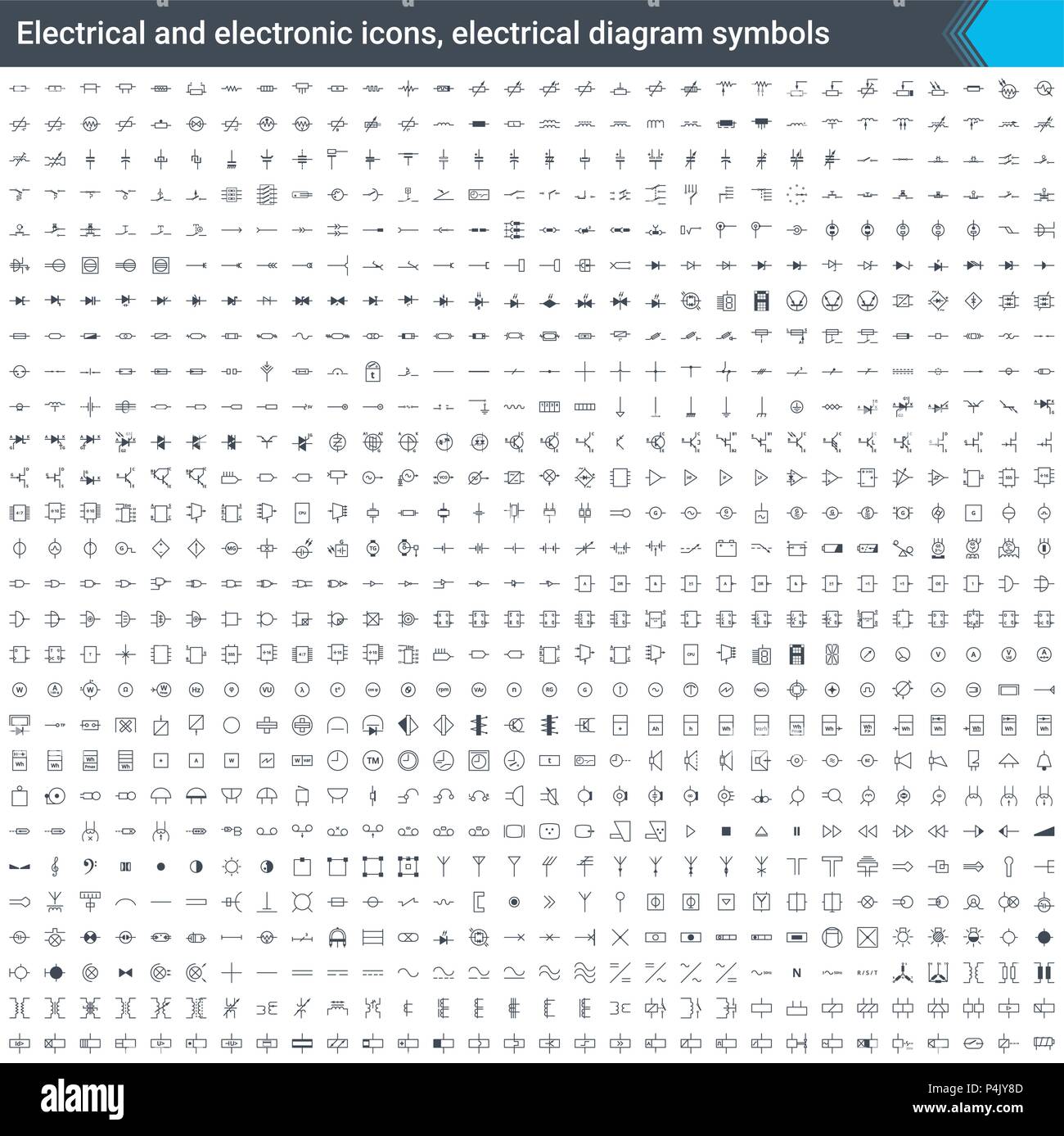 Icônes d'équipements électriques et électroniques, Schéma électrique des symboles. Le schéma de principe des éléments. Stoke vector icons isolé sur fond blanc. Illustration de Vecteur