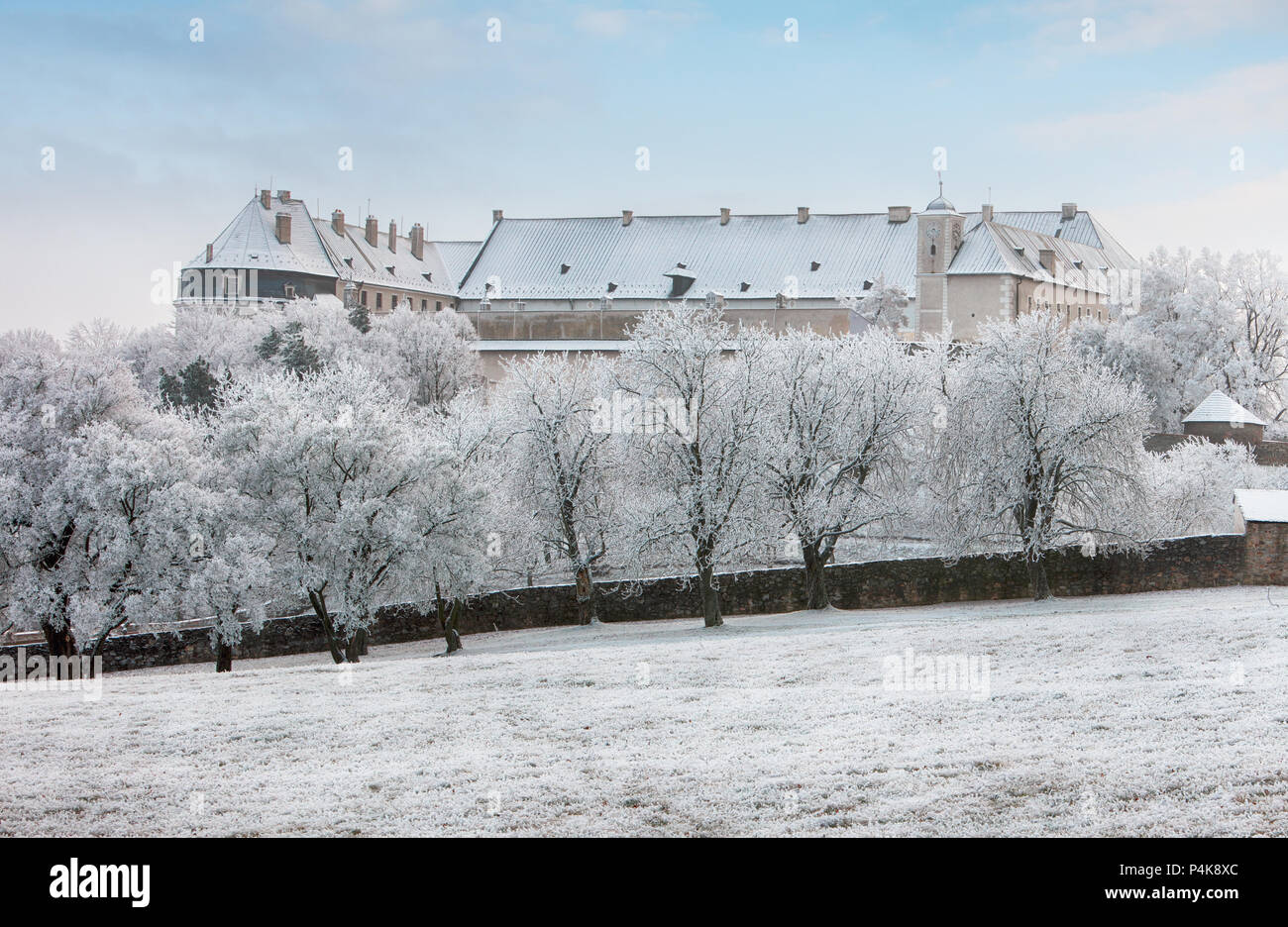 Paysage d'hiver avec château Cerveny kamen, Slovaquie Banque D'Images