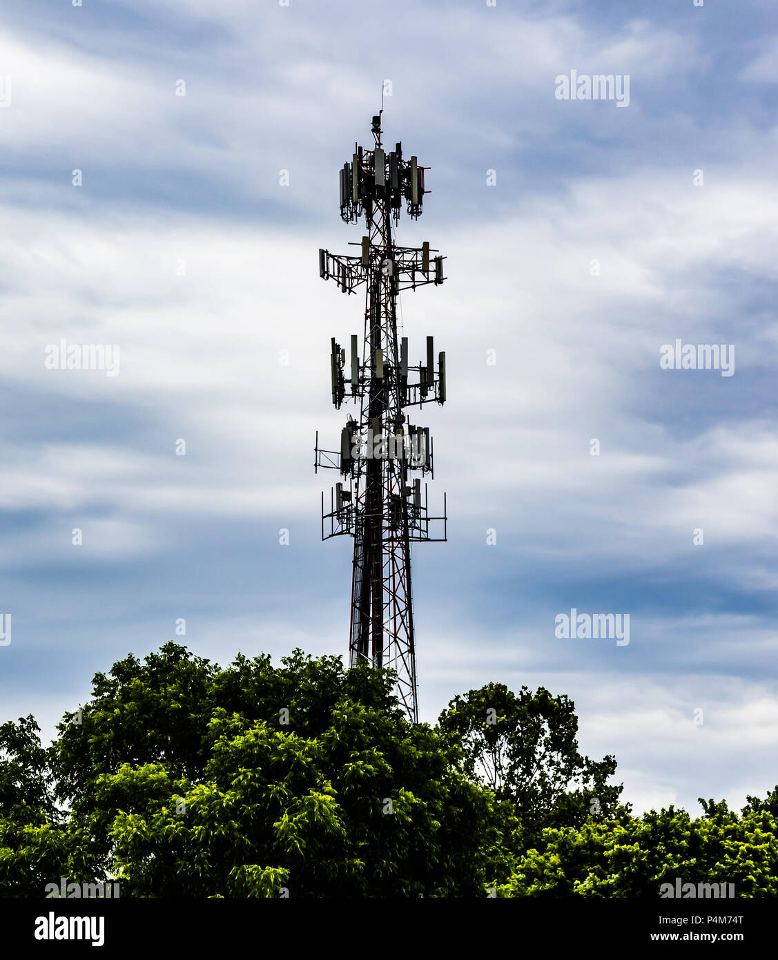 Une tour de téléphonie cellulaire perçant la verdure ci-dessous, défini dans un ciel nuageux ciel bleu. Banque D'Images