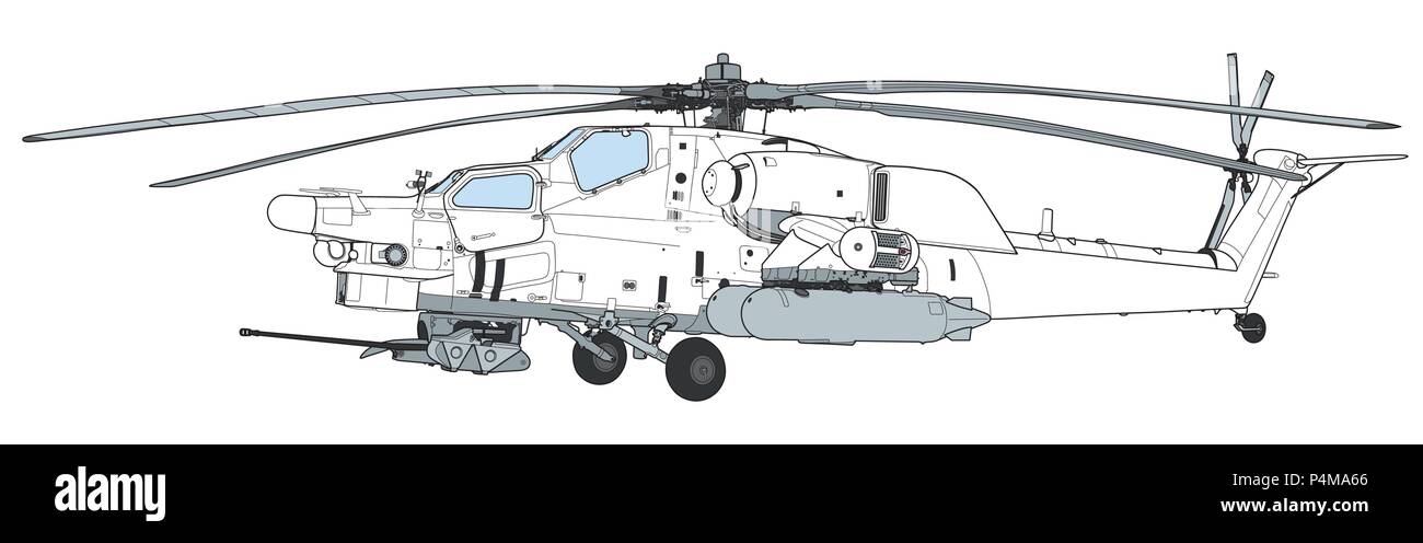Force aérienne russe Mil Mi 28 Havoc attaque militaire, hélicoptère de combat en vol extérieur détail camouflage large vue aérienne Illustration de Vecteur