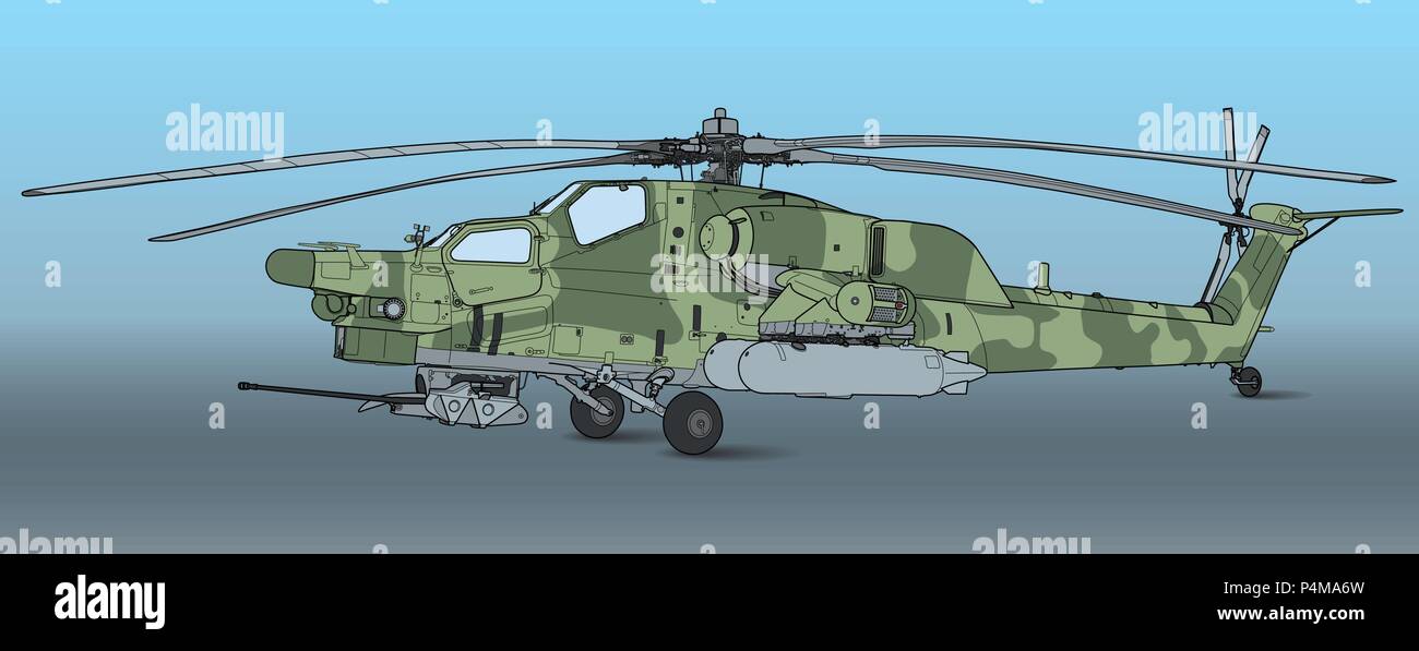 Force aérienne russe Mil Mi 28 Havoc attaque militaire, hélicoptère de combat en vol extérieur détail camouflage large vue aérienne Illustration de Vecteur