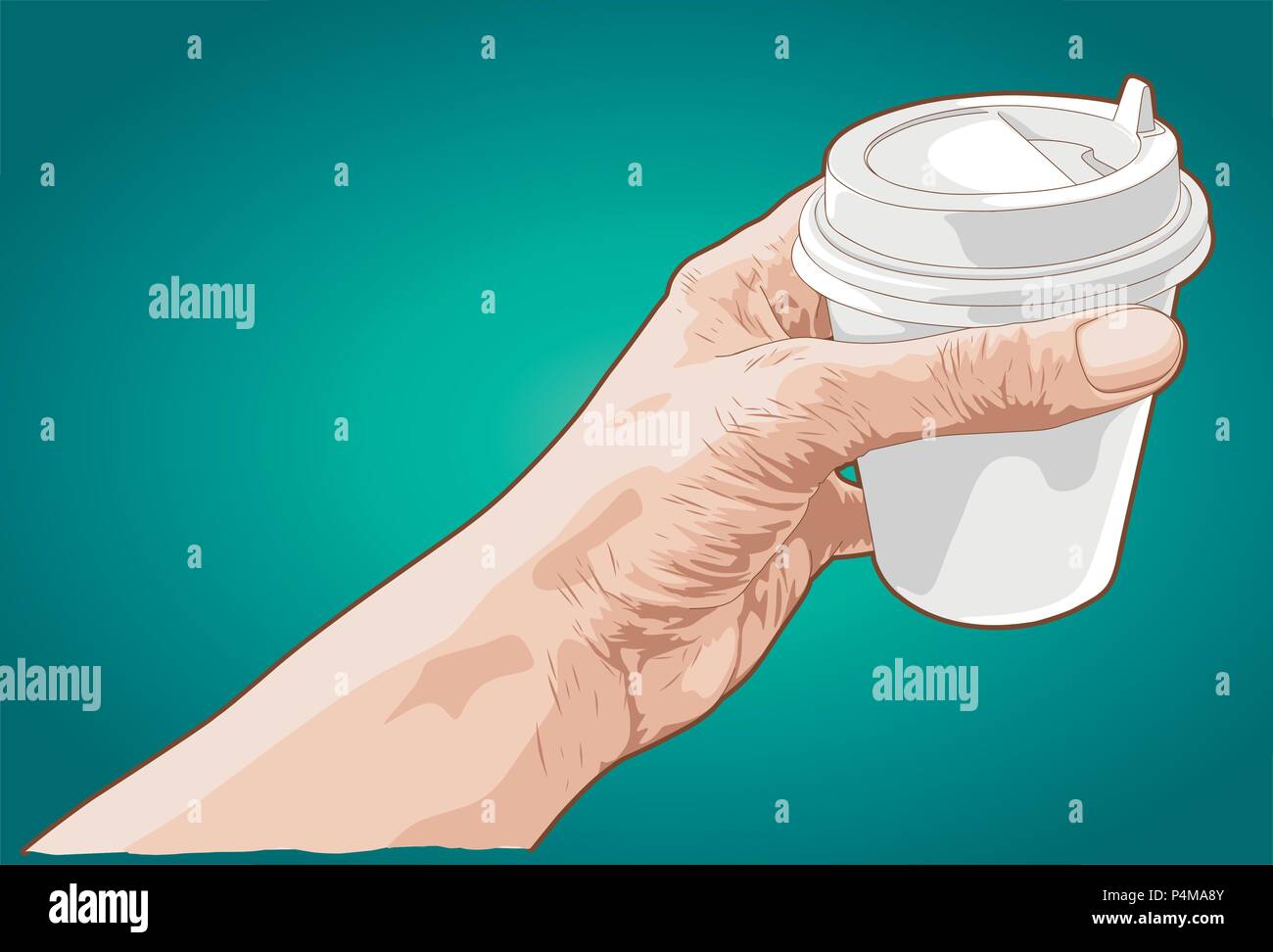 Croquis dessinés à la main, d'une main tenant une tasse de café en papier Illustration de Vecteur