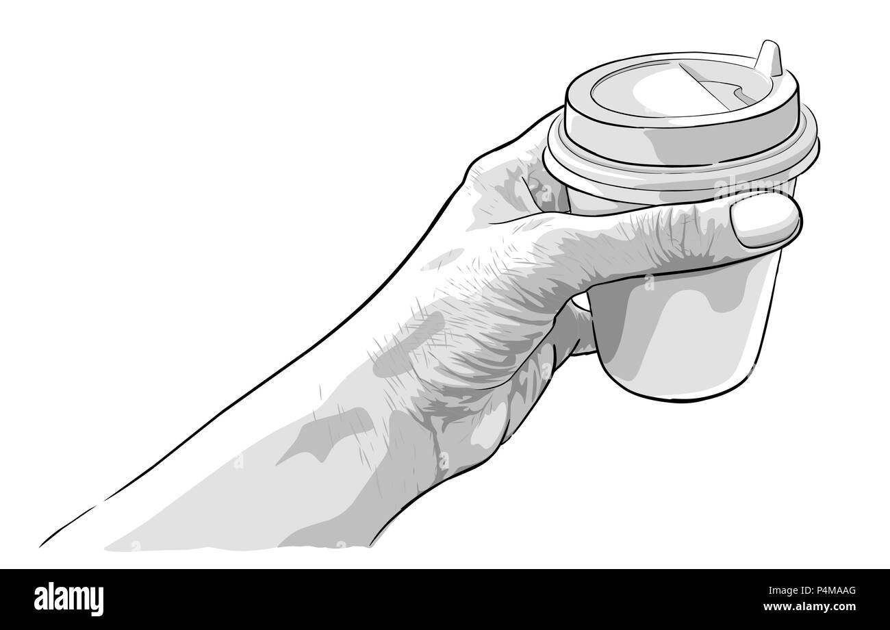 Croquis dessinés à la main, d'une main tenant une tasse de café en papier Illustration de Vecteur