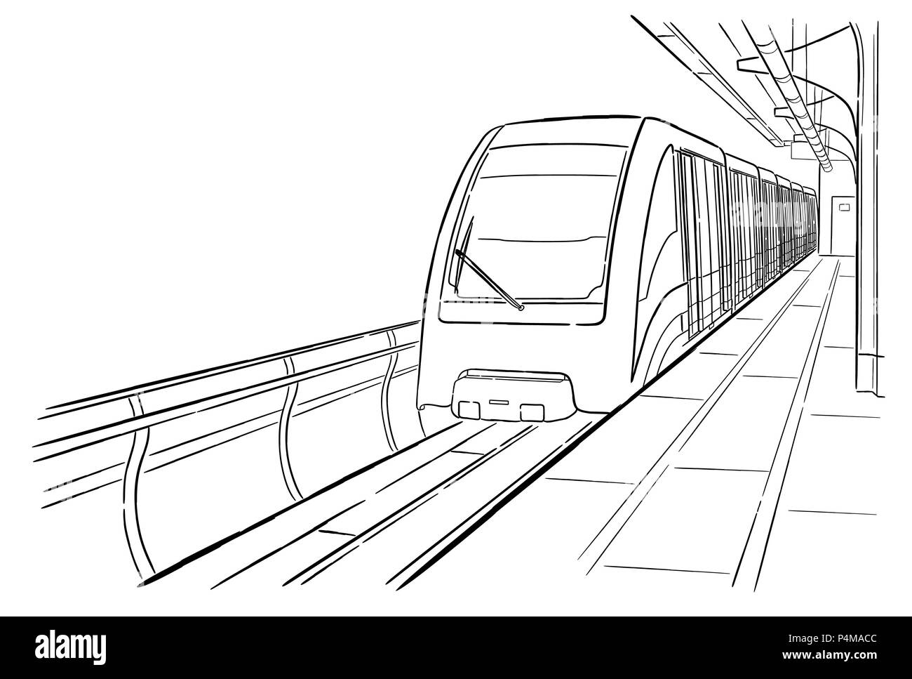 Encre dessinés à la main, croquis de la ligne de métro léger monorail de Moscou, se former en style contour vue perspective. Illustration de Vecteur