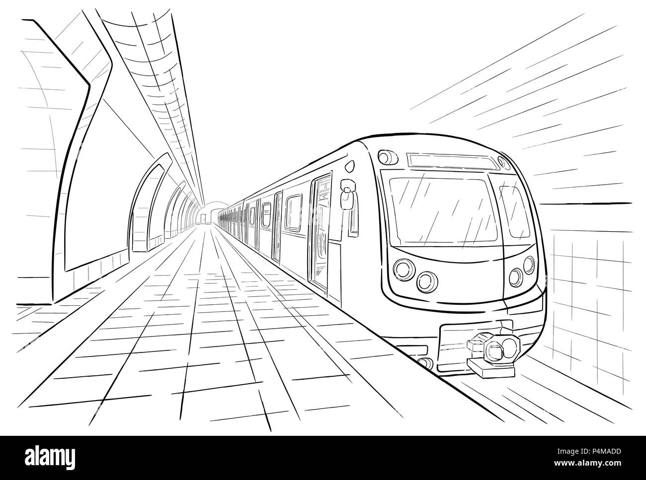 Encre dessinés à la main, croquis de la ligne de métro, train en vue perspective du style du contour. Illustration de Vecteur