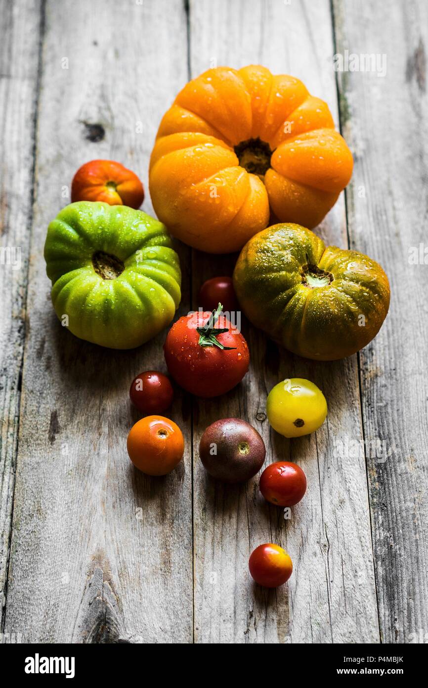 Heirloom tomatoes colorés sur la surface en bois rustique Banque D'Images