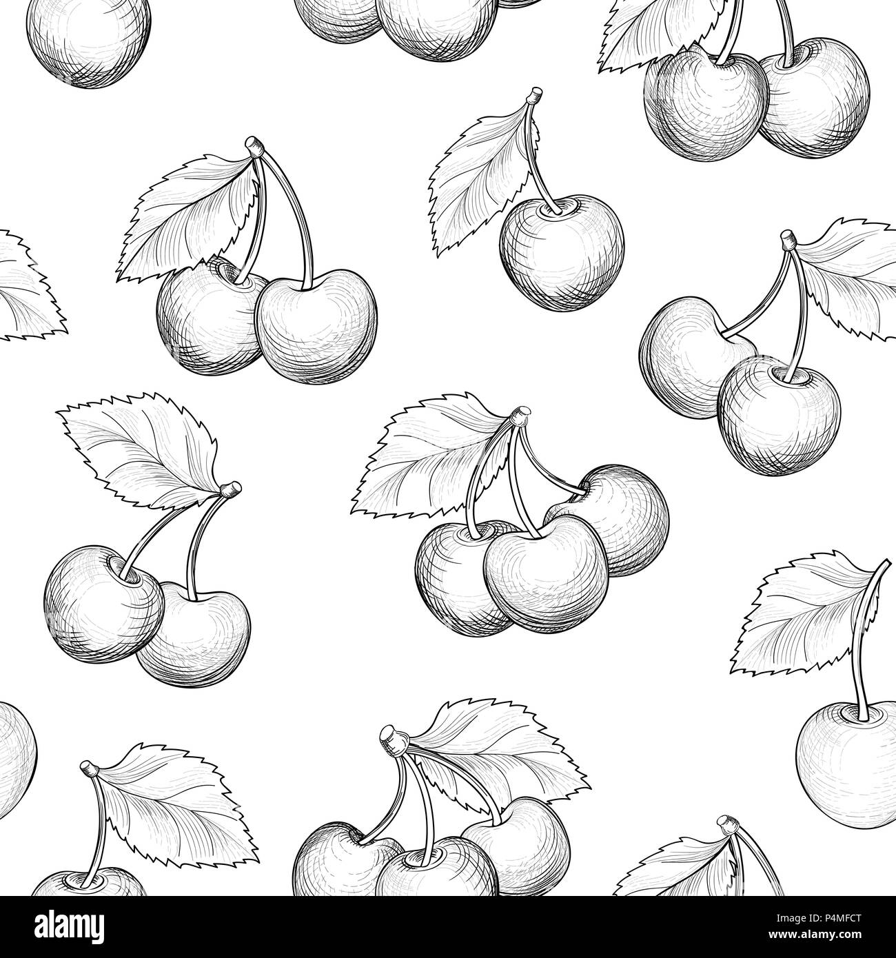 Cerise douce modèle homogène. L'alimentation estivale de petits fruits d'arrière-plan croquis Illustration de Vecteur