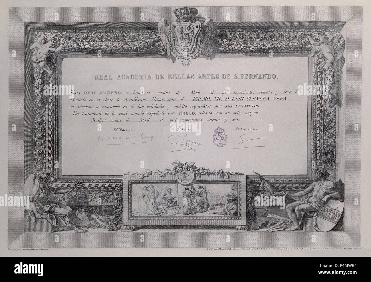 NOMBRAMIENTO DE ACADEMICO Luis CERVERA VERA - 1976 - GRAVURE DE MANUEL SALVADOR CARMONA. Auteur : Manuel Salvador Carmona (1734-1820). Lieu : ACADÉMIE DE SAN FERNANDO-DOCUMENTOS, MADRID, ESPAGNE. Banque D'Images