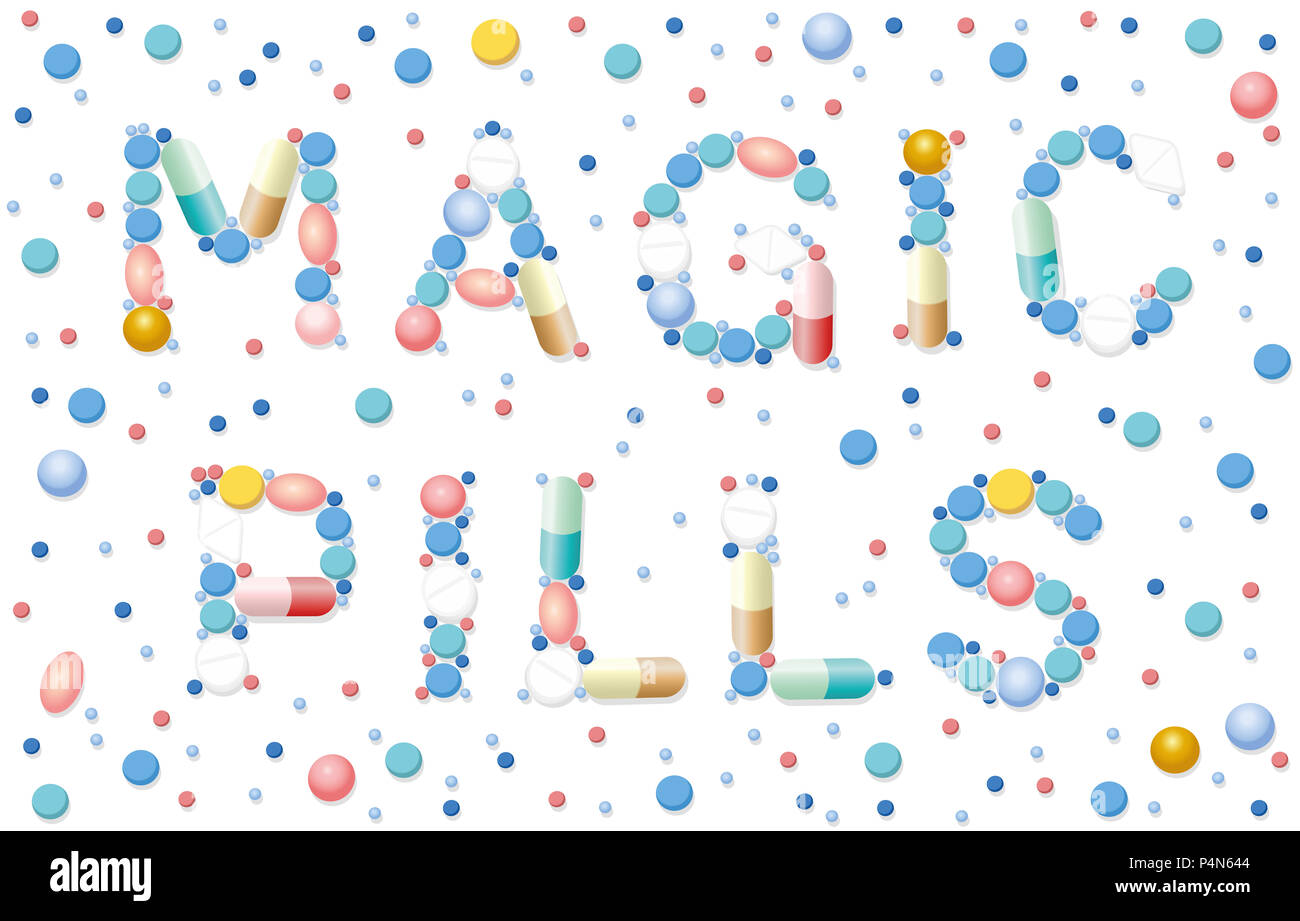 Pilules magiques écrit avec pilules, comprimés, gélules - remède miracle - médecine - santé a assuré l'illustration sur fond blanc. Banque D'Images