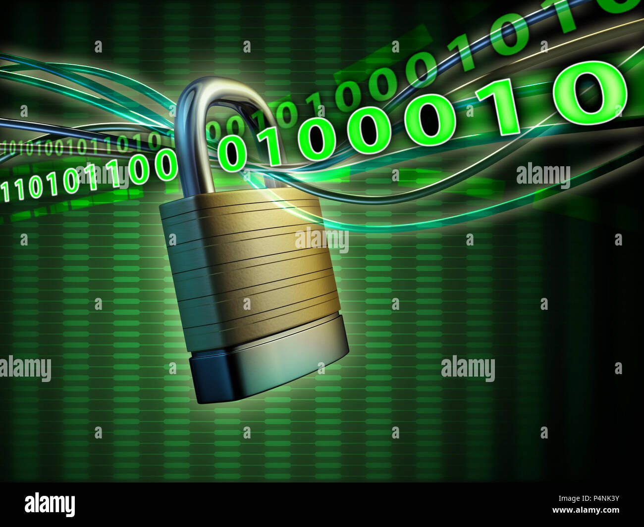Câbles et flux de code dans une anse du cadenas. Illustration numérique. Banque D'Images