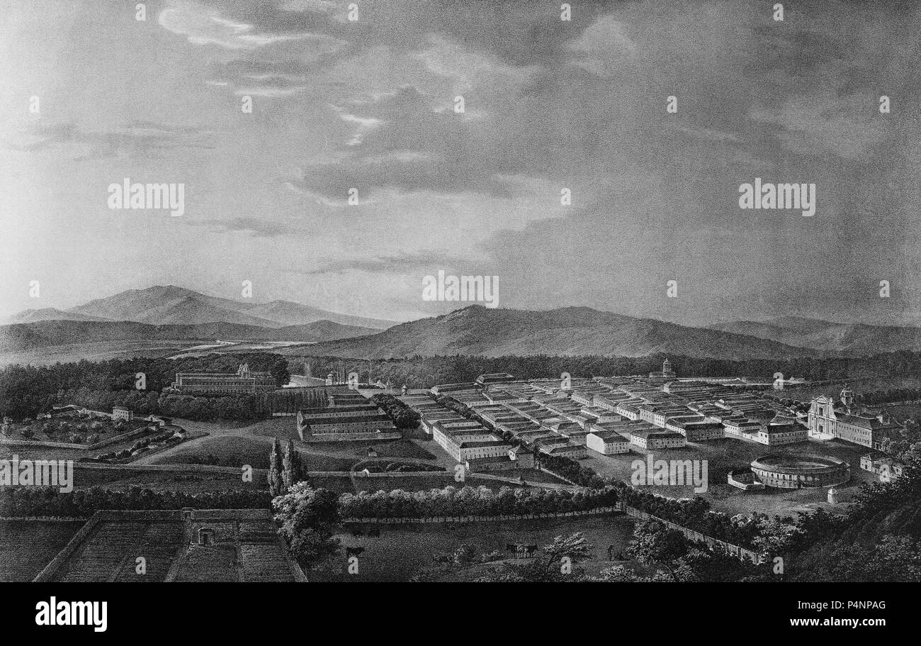 VISTA GENERAL DEL REAL SITIO DE ARANJUEZ - GRAVURE SIGLO XIX. Auteur : Fernando Brambila (1763-1832). Emplacement : MUSEO ROMANTICO-gravure, ESPAGNE. Banque D'Images