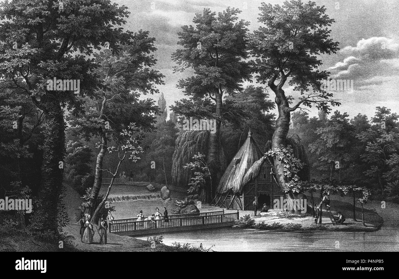 VISTA DE LA CASA DEL ERMITAÑO EN EL JARDIN DEL PRINCIPE - GRAVURE SIGLO XIX. Auteur : Fernando Brambila (1763-1832). Emplacement : MUSEO ROMANTICO-gravure, MADRID, ESPAGNE. Banque D'Images