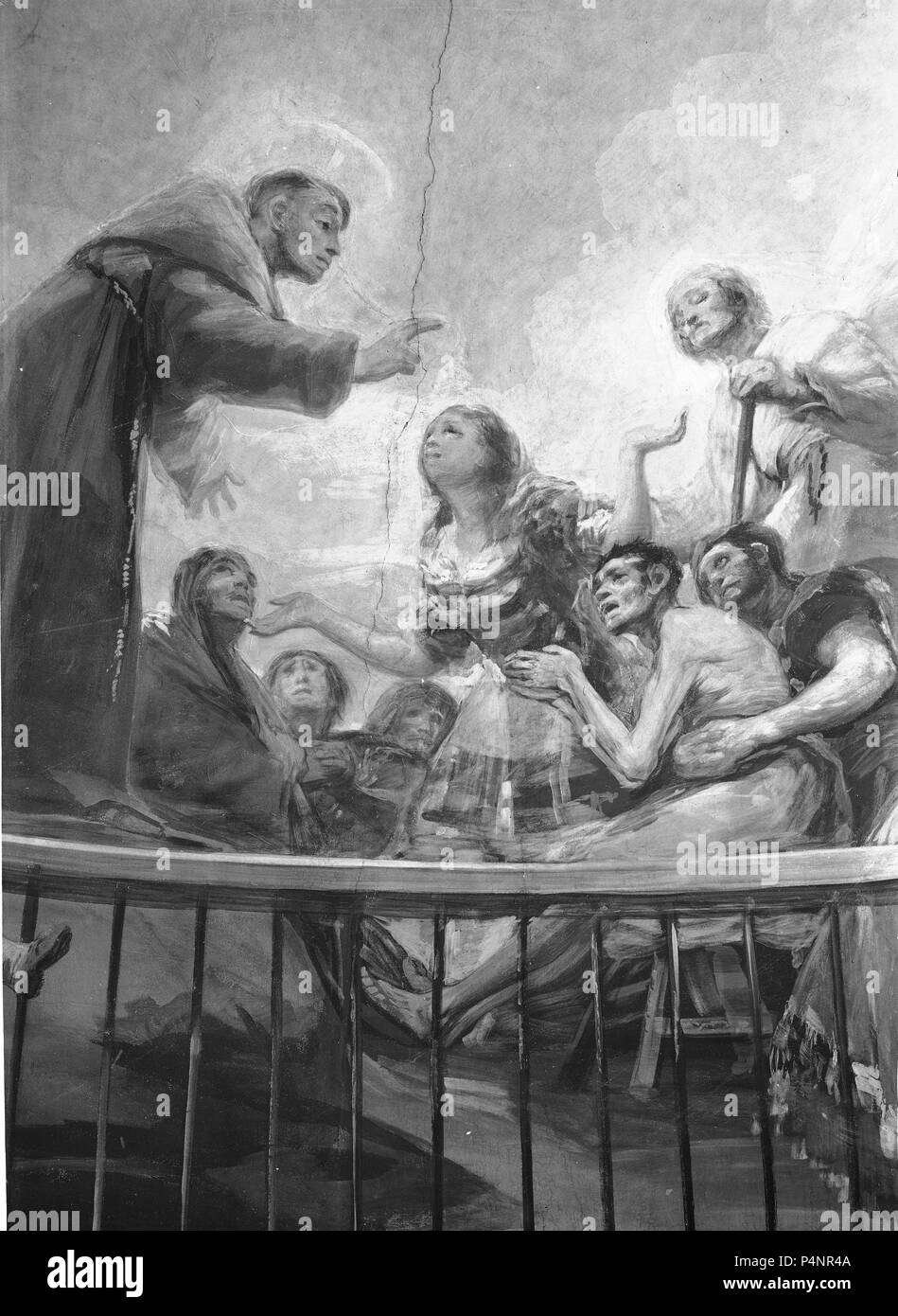 SAN ANTONIO DE PADUA INVOCANDO AL MUERTO PARA QUE HABLE- DET. DE LA CUPULA- MILAGRO DE SAN ANTONIO DE PADUA- FRESCO- 1798 - FOTOGRAFIA B/N - años 50. Auteur : Francisco de Goya (1746-1828). Emplacement : L'ERMITAGE DE SAN ANTONIO DE LA FLORIDA, À MADRID, ESPAGNE. Banque D'Images