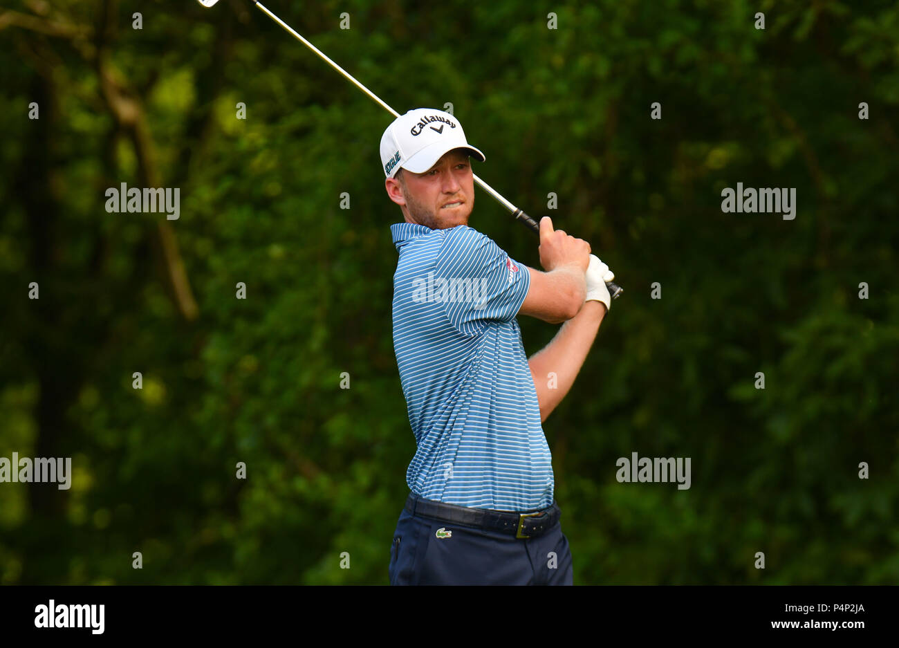 Jeudi 21 Juin 2018 : Daniel Berger hits son coup de départ au 12e trou lors de la première manche du Championnat de Golf de voyageurs à PTC River Highlands à Cromwell, Connecticut. Gregory Vasil/CSM Banque D'Images