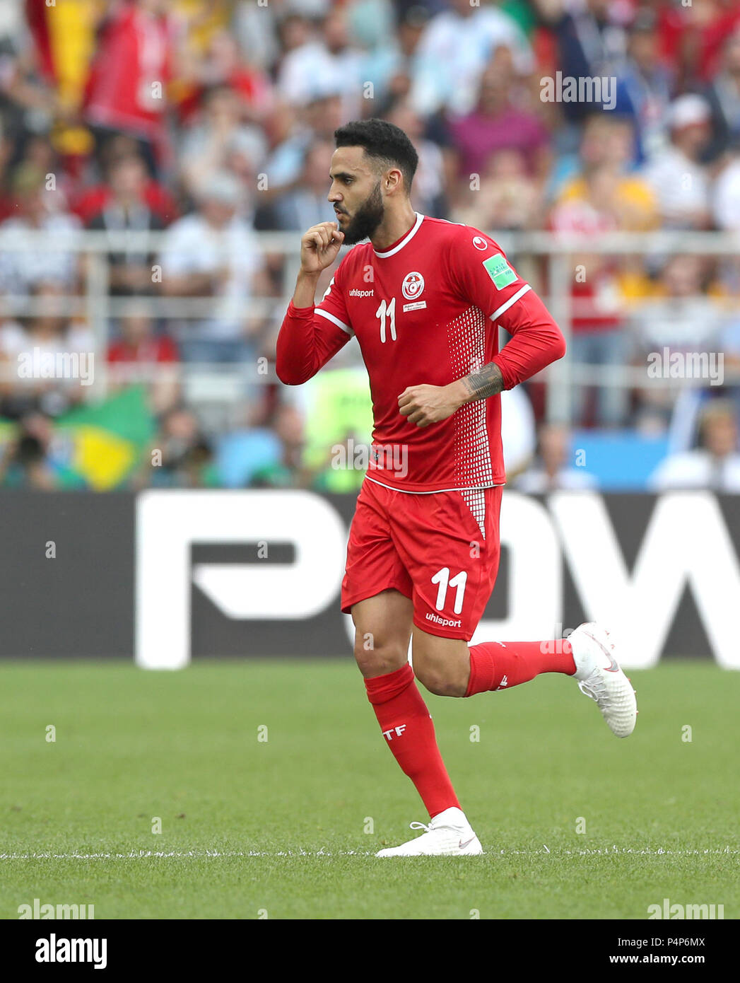 Moscou, Russie. 23 Juin, 2018. Dylan Bronn (R) de la Tunisie célèbre le scoring pendant la Coupe du Monde FIFA 2018 match du groupe G entre la Belgique et la Tunisie à Moscou, Russie, le 23 juin 2018. Credit : Xu Zijian/Xinhua/Alamy Live News Banque D'Images