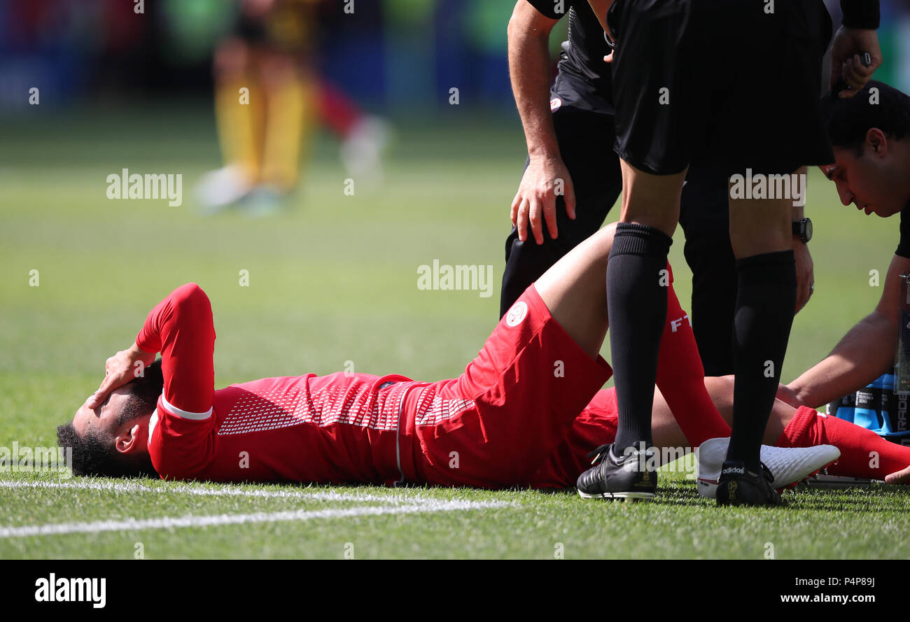 Moscou, Russie. 23 Juin, 2018. Dylan Bronn de la Tunisie subit un préjudice pendant la Coupe du Monde FIFA 2018 match du groupe G entre la Belgique et la Tunisie à Moscou, Russie, le 23 juin 2018. Credit : Wu Zhuang/Xinhua/Alamy Live News Banque D'Images