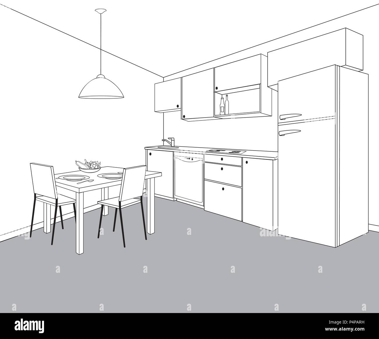 Croquis de l'intérieur de la salle de cuisine. Plan directeur Plan Conception de cuisine avec un mobilier moderne et d''une table à manger Illustration de Vecteur