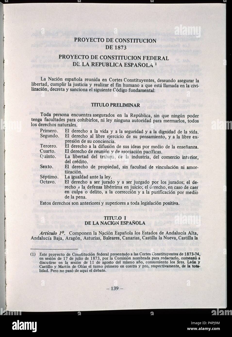 PROYECTO DE CONSTITUCIÓN DE 1873 - Proyecto de Constitución FEDERAL DE LA REPUBLICA ESPAÑOLA -TITULO TITULO Y PRÉLIMINAIRE I. Localisation : SENADO-BIBLIOTECA-COLECCION, MADRID, ESPAGNE. Banque D'Images