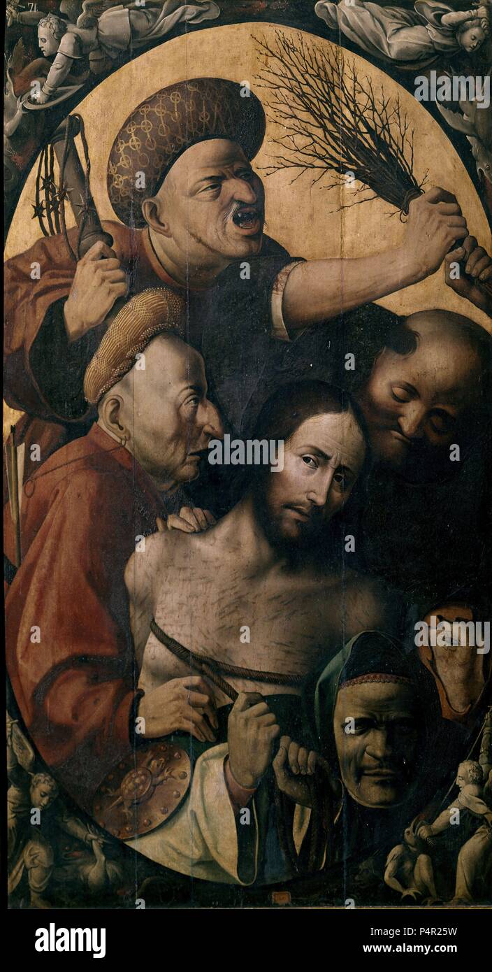 TRIPTICO-IMPROPERIOS FLAGELACION-latérale de tabla. Auteur : Hieronymus Bosch (ch. 1450-1516). Lieu : MUSÉE PROVINCIAL, VALENCE, ESPAGNE. Banque D'Images
