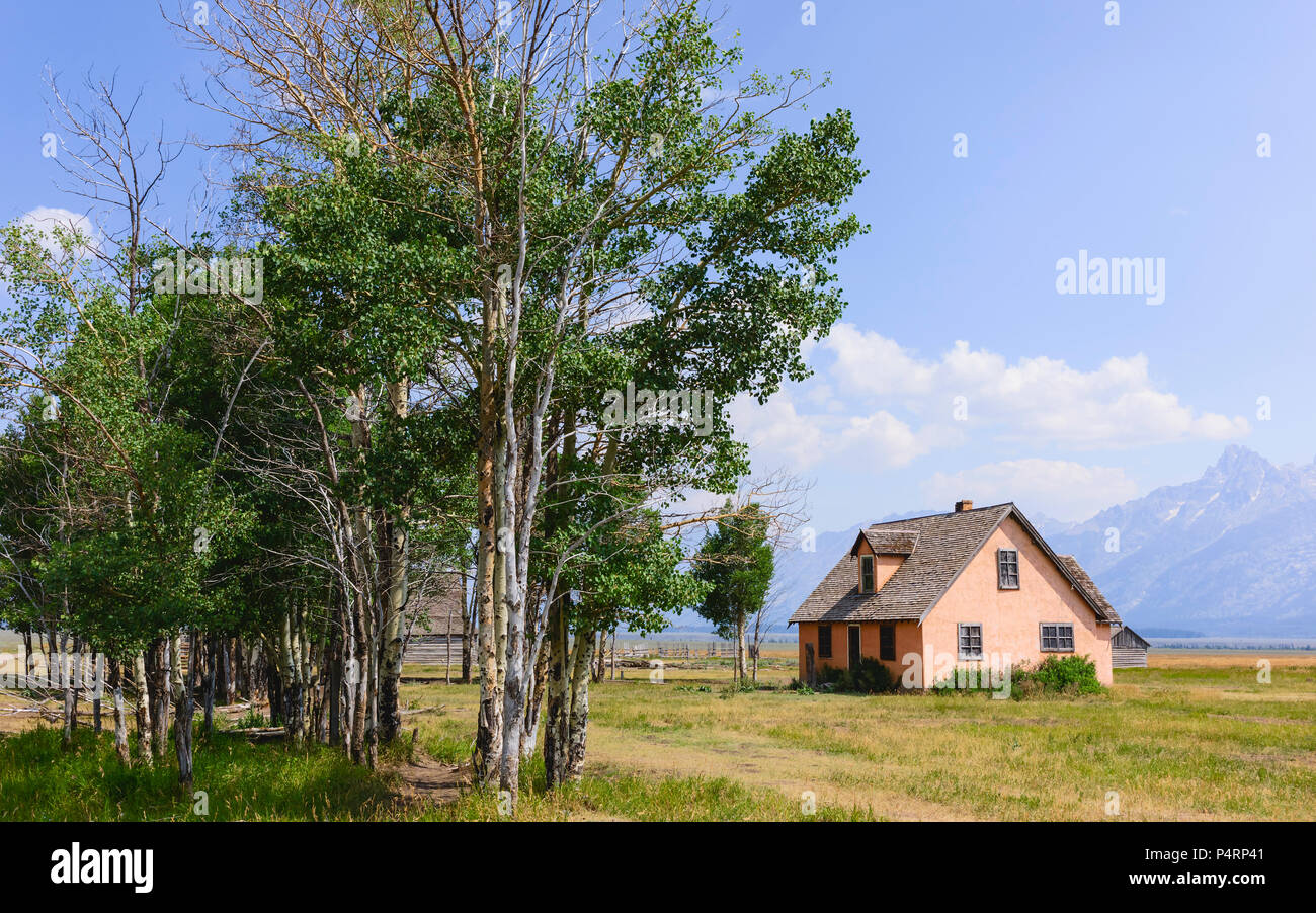 Début Mormon Mormon Row homestead photographié le long du quartier historique avec Grand Tetons dans le fond près de Jackson, Wyoming, USA. Banque D'Images