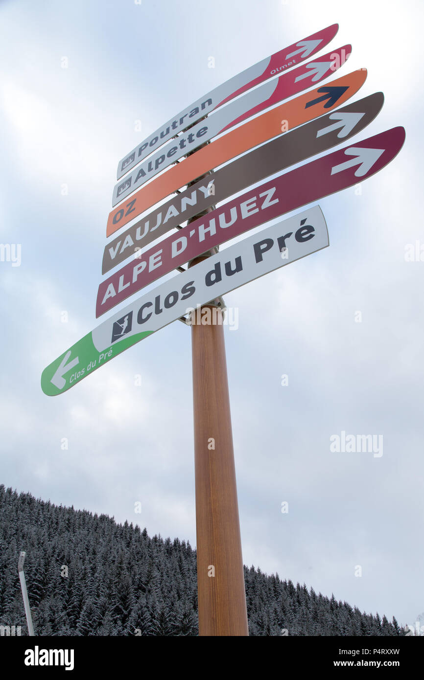 Signes de pente dans la station de ski de l'alpe d huez - Vaujany - Oz Banque D'Images