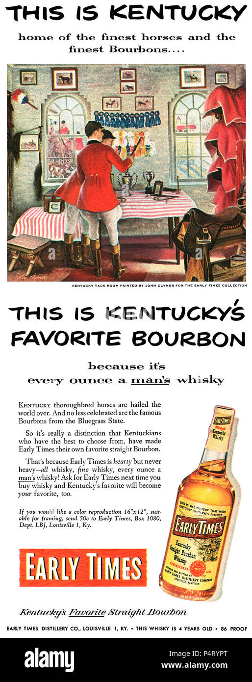 Aux États-Unis 1951 publicité pour les premiers temps Kentucky Straight Bourbon whisky, illustré par John Clymer. Banque D'Images