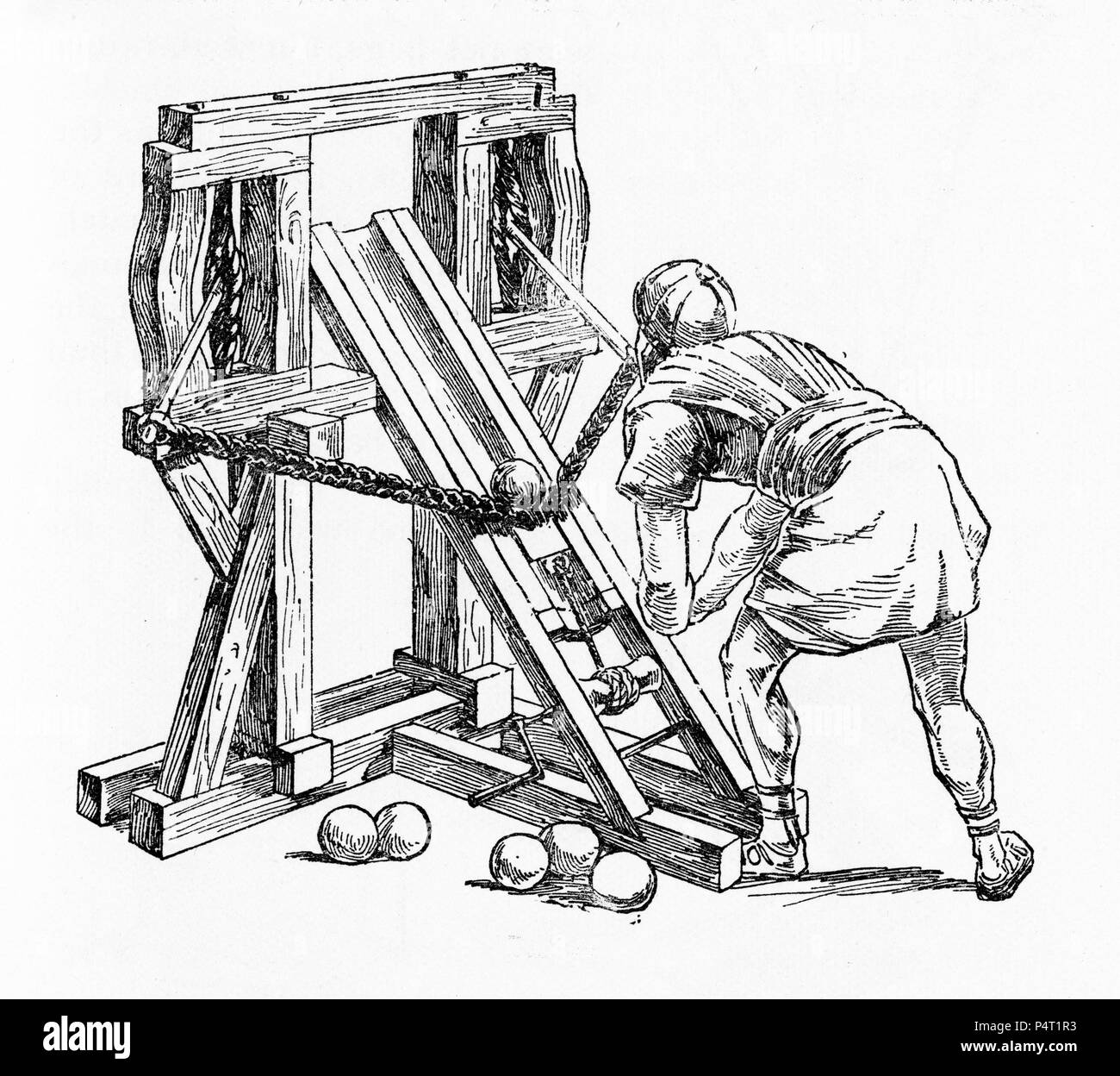 Gravure d'un fiiring solidier romain pendant une baliste un siège contre une forteresse gauloise. De César, de la guerre, 1916. Gaulois Banque D'Images