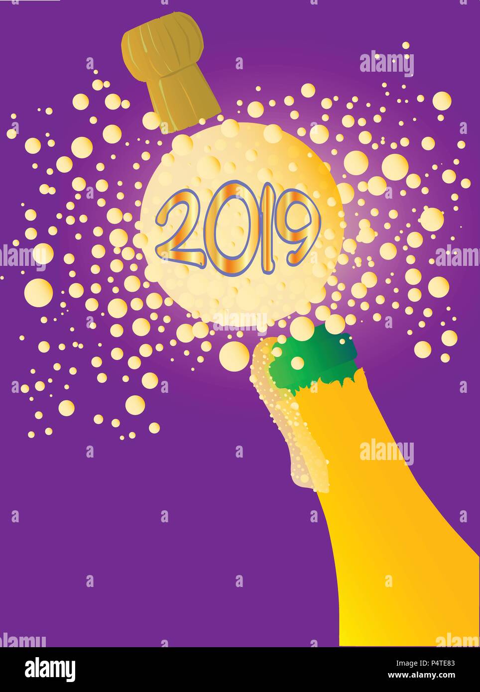 Bouteille de champagne en cours d'ouverture avec mousse et bulles avec une grosse bulle s'exclamant 2019 Illustration de Vecteur