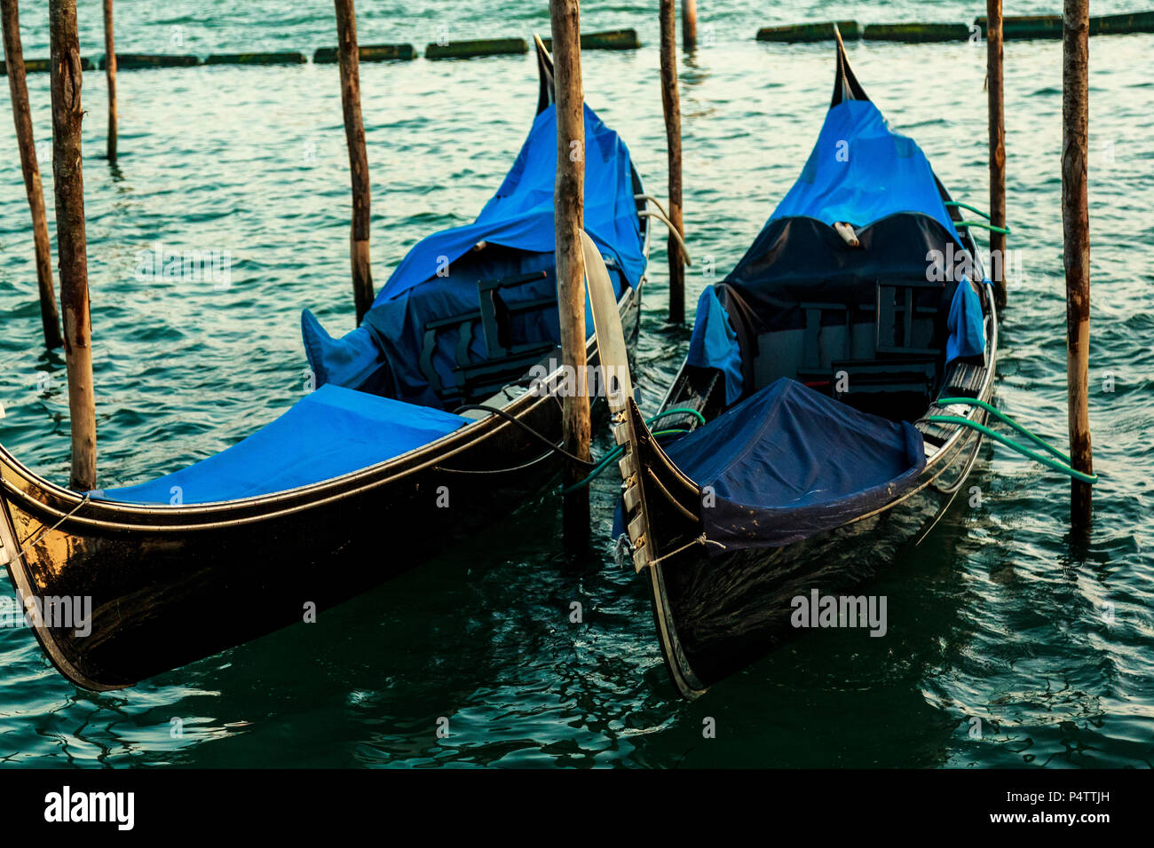 Deux gondoles vénitiennes bleu serein amarré dans le lagon bleu-vert, Venise, Italie Banque D'Images