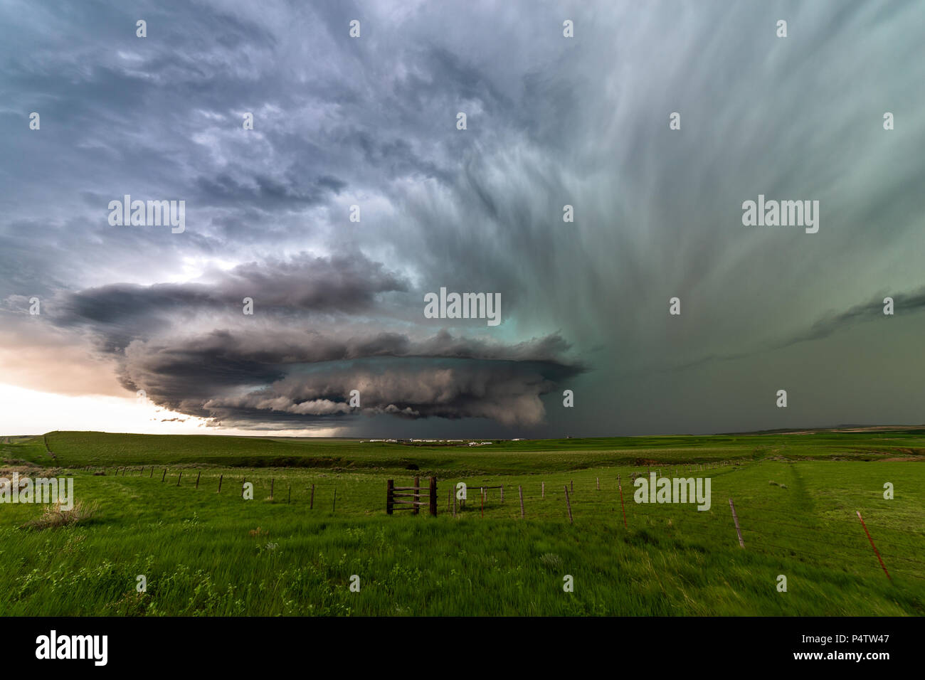 Ciel sinistre et orage supercellulaire au-dessus d'un paysage des grandes plaines près de Ryegate, Montana, États-Unis Banque D'Images