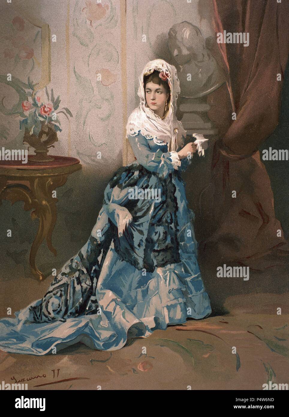 SEÑORA DE MADRID - SIGLO XIX - CROMOLITOGRAFIA. Auteur : Carlos Lezcano (1871-1929). Banque D'Images