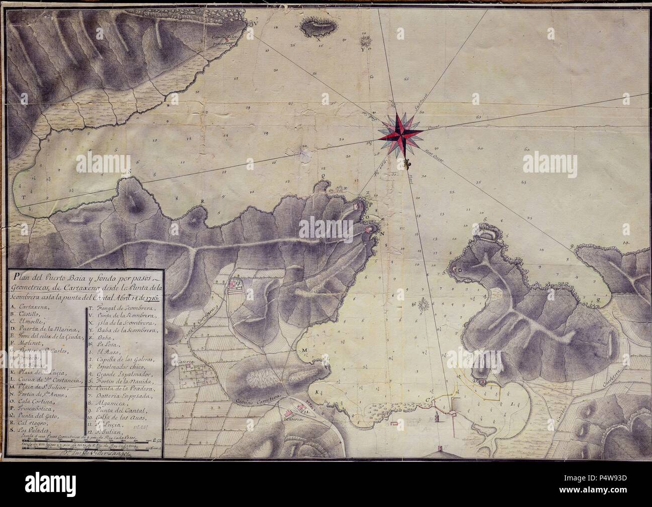 PLANO DEL PUERTO DE CARTHAGÈNE - Murcia - año 1716. Emplacement : SERVICIO GEOGRAFICO del Ejercito, MADRID, ESPAGNE. Banque D'Images