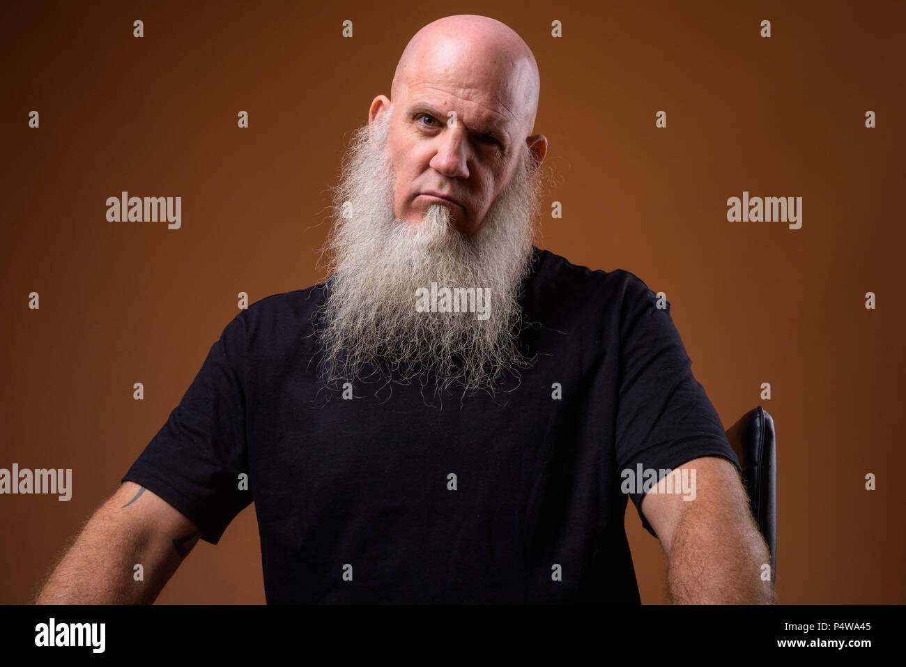 Homme chauve avec maturité longue barbe grise contre fond brun Banque D'Images