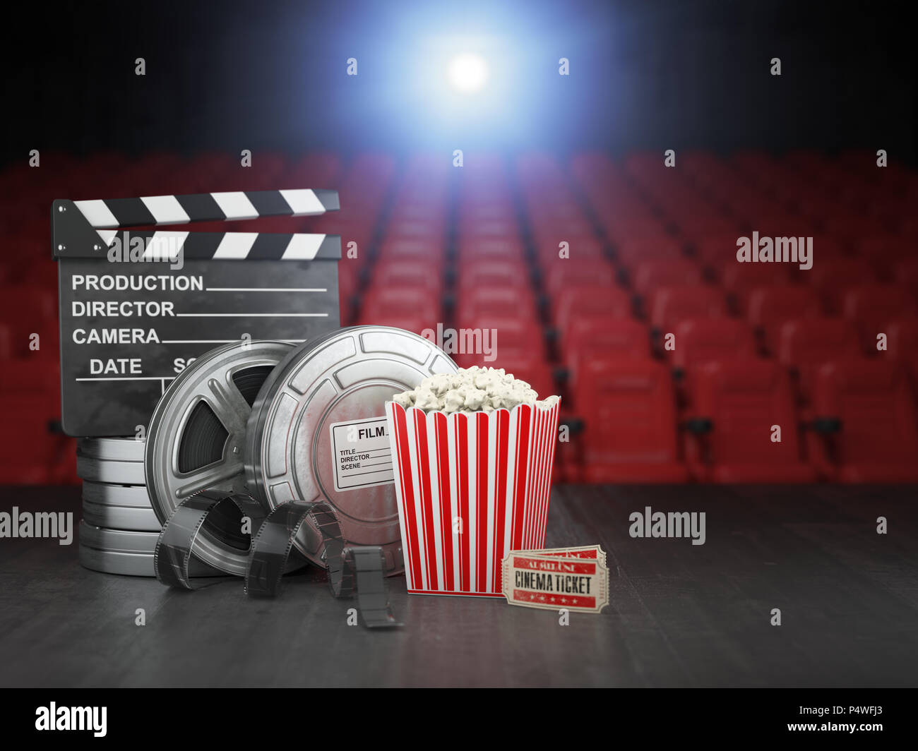 Cinema, film ou vidéo accueil contexte concept. Bobines de film, clapper board et pop corn au cinéma en écran de cinéma avec des sièges vides. Illust 3d Banque D'Images