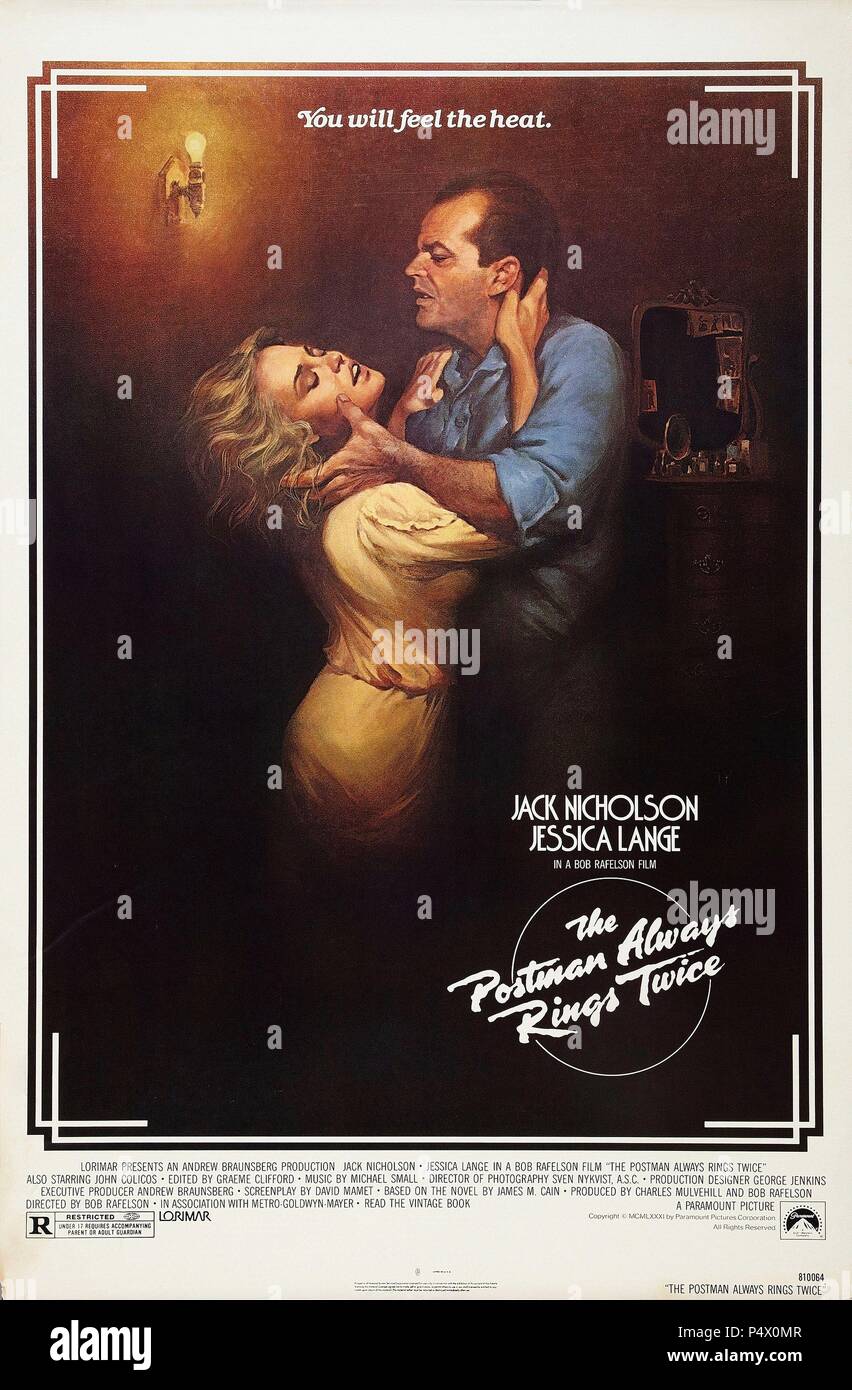 Titre original : le facteur sonne toujours deux fois. Titre en anglais : c'est le facteur sonne toujours deux fois. Film Réalisateur : BOB RAFELSON. Année : 1981. Credit : PARAMOUNT PICTURES / Album Banque D'Images